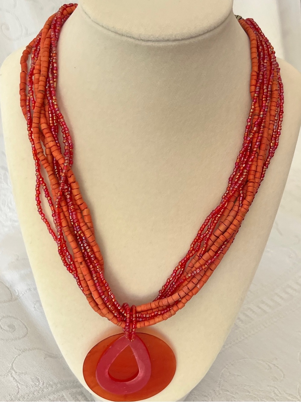 Vintage Coldwater Creek Orange and Red Multi-Strand Bead Necklace with Pendant - Picture 5 of 8